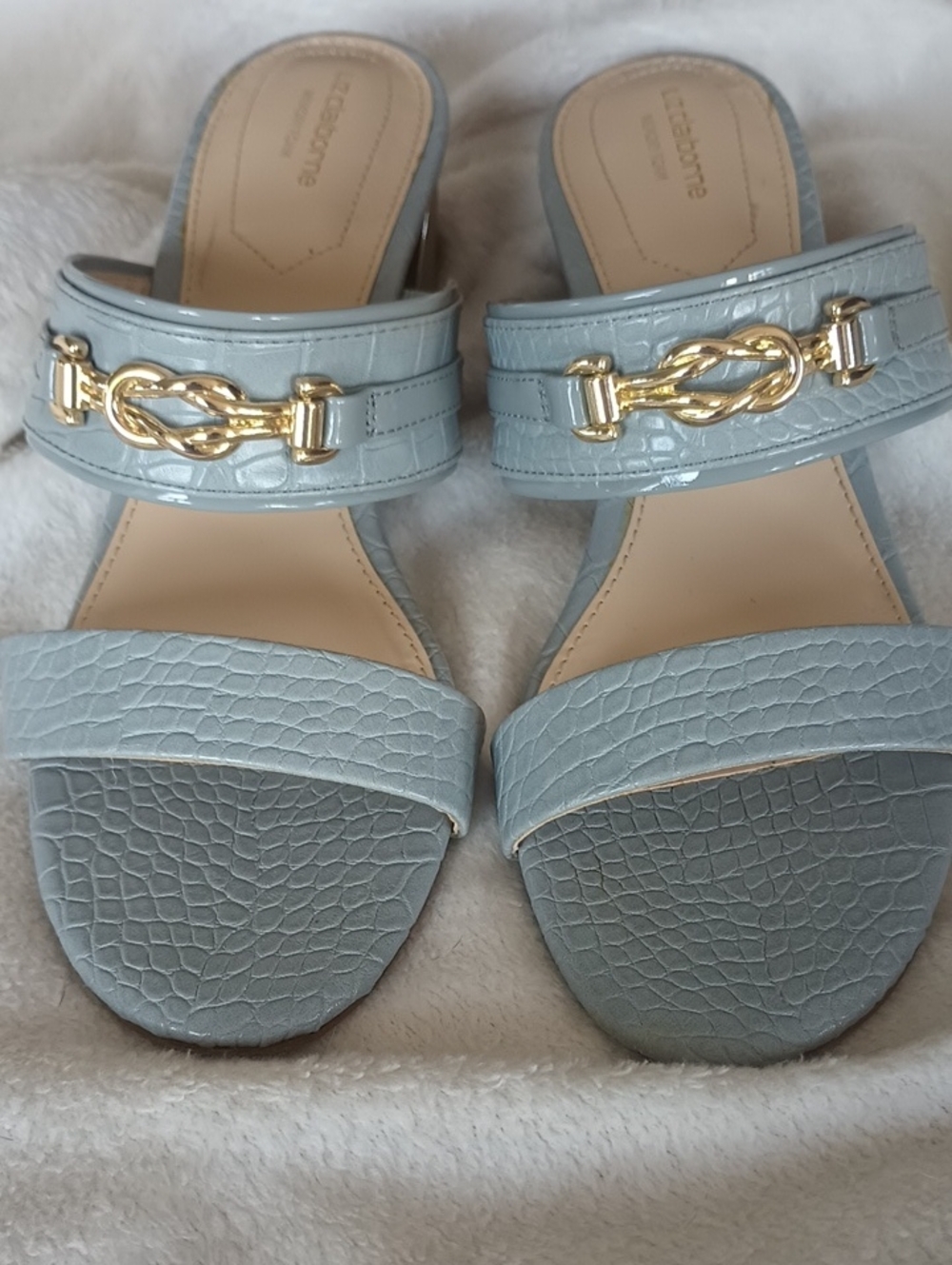 Liz Claiborne Light Blue Faux-Croc Slide with Gold Chain Accent